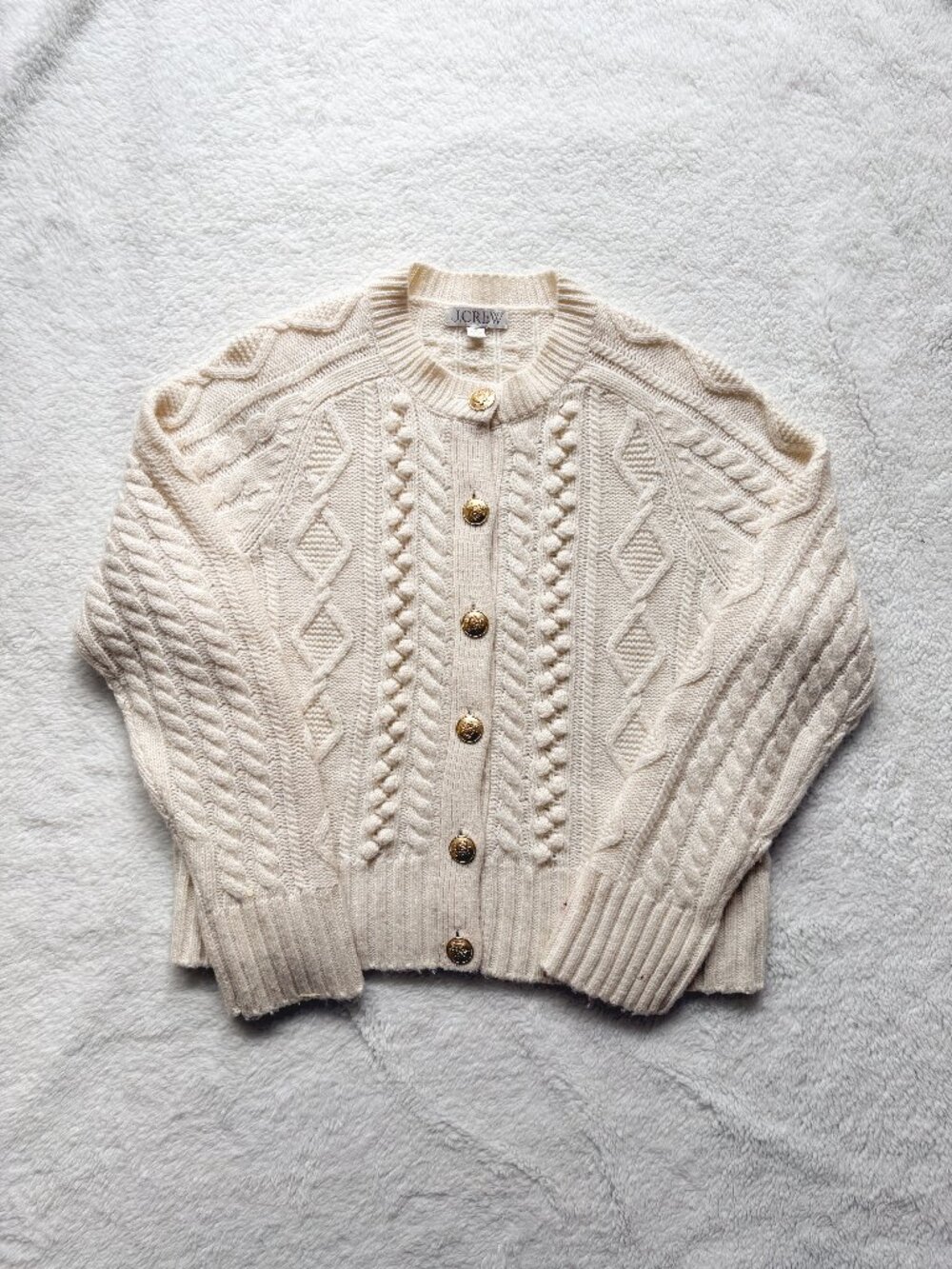 J.Crew Ivory Cable Knit Cardigan M Wool Blend Gold Button Lady Jacket Chic